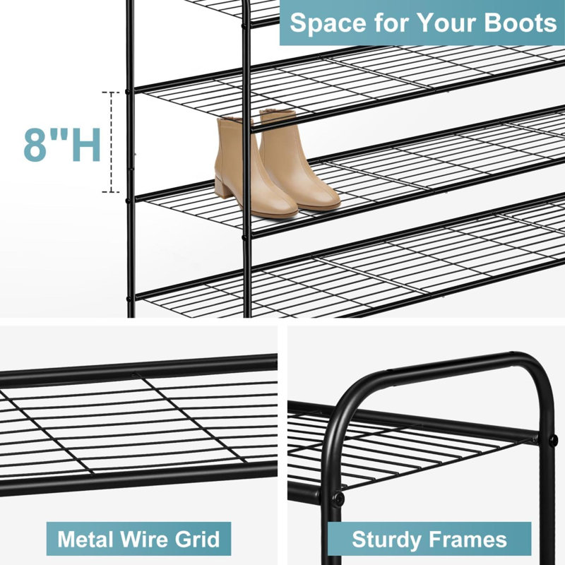 Long 4 Tier Shoe Rack For Closet Metal Wide Shoe Organizer For Entryway, Bedroom, Floor, Holds 30 Pairs Men Sneakers Stackable Shoe Storage Shelf With Wire Grid