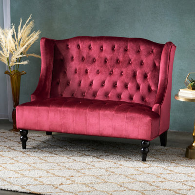 Fauteuil à oreilles moderne en velours avec panneau avant boutonné - Coussins élégants rouge bordeaux