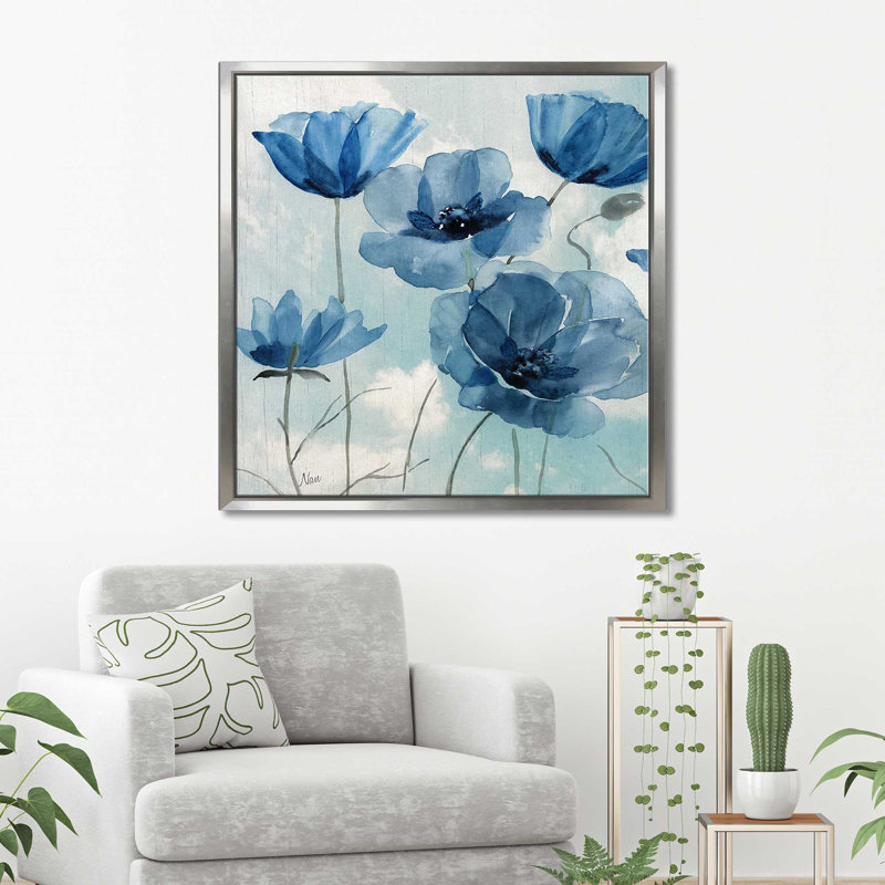 «Springing up Blue I» par Nan - Peinture, H 21,5 po x l 21,5 po x P 2 po, Cadre flottant argent