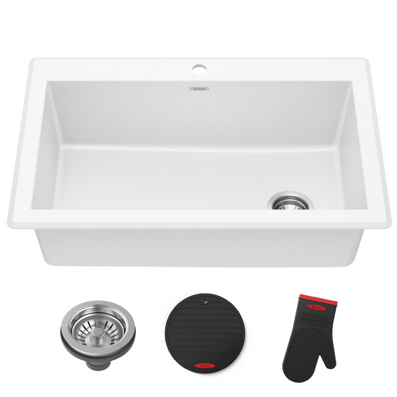 Évier de cuisine à simple cuve encastrable / encastré en granite KRAUS Forteza 33 po KRAUS, Blanc, Bol simple