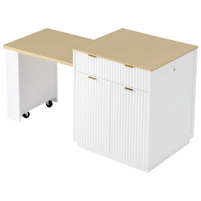 Îlot de cuisine cannelé 82,6 po avec table de salle à manger extensible pour 4 à 6 personnes, table d'îlot de cuisine avec prise de courant, table de cuisine avec rangement double, 2 tiroirs et 2 tablettes ouvertes latérales