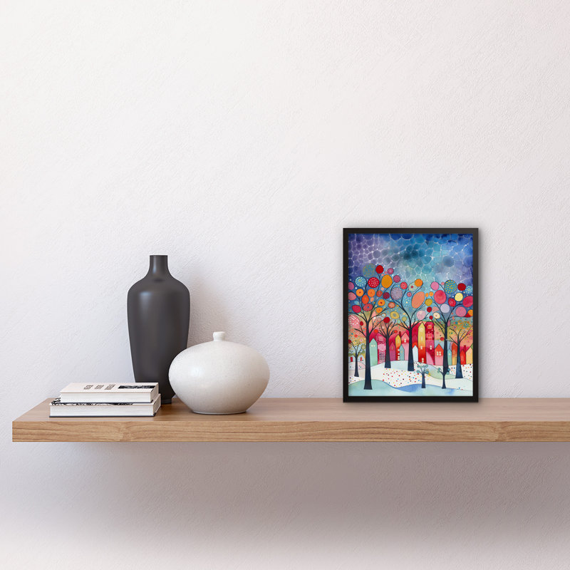 Winter Abstract Village Folk Art Artwork Framed Wall Art Print 9X7 Inch