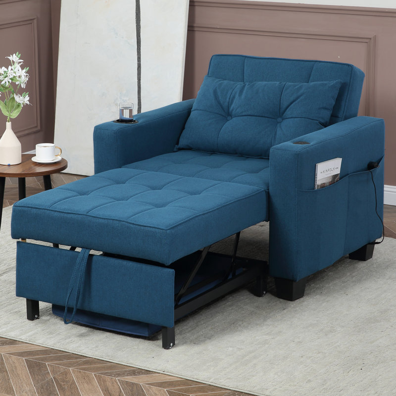 Upholstered Convertible Backrest Single Sofa Bed Accent Chair, Blue
