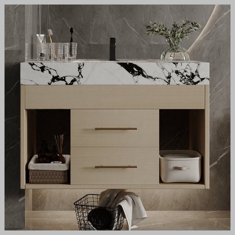 Ensemble de meuble-lavabo mural flottant 29,9 po, Bois, Blanc/Noir