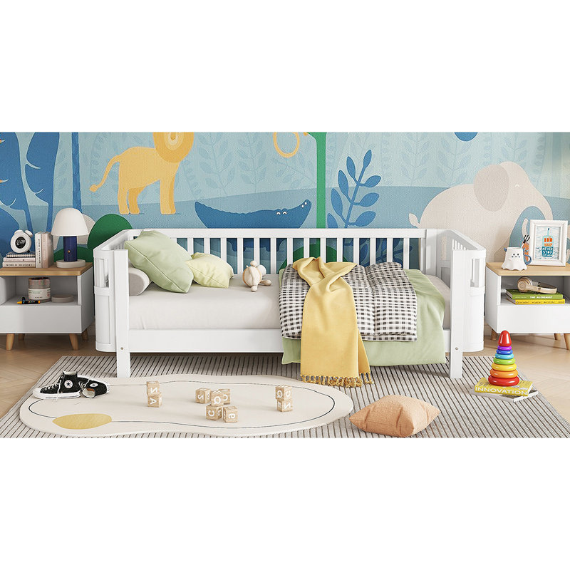 Wood Platform Bed for Kids Wood Low Profile Bed with Rails for Girls and Boys, Twin