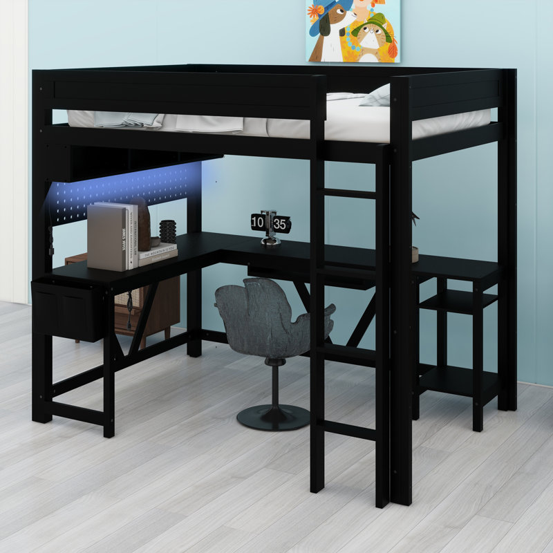 Lit mezzanine multifonctionnel avec bureau intégré, tablettes, DEL et port de charge, Noir