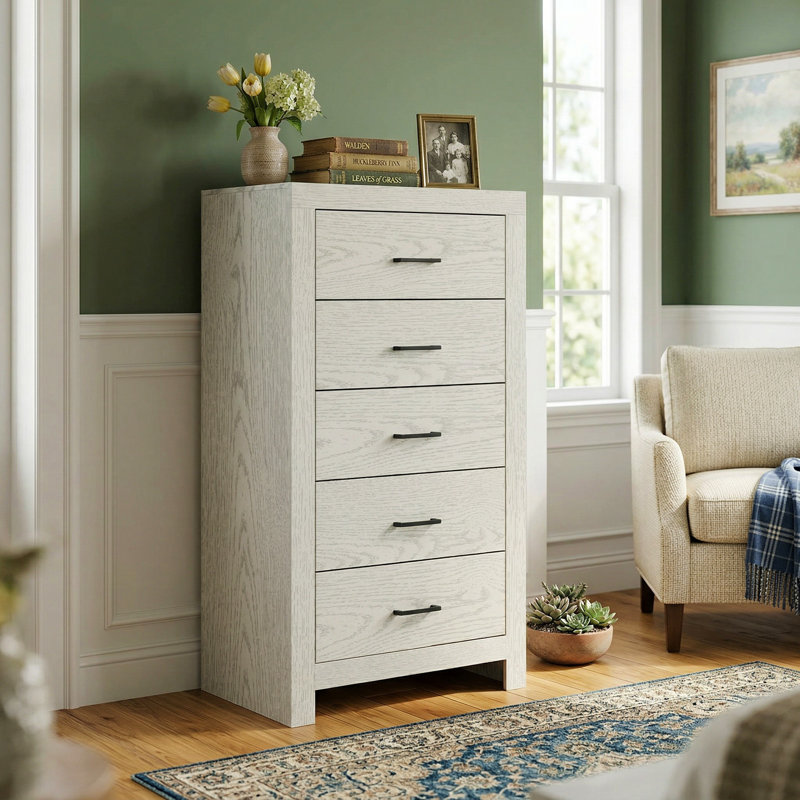 5-Drawer Tall Dresser With Wood Grain Texture, Gray