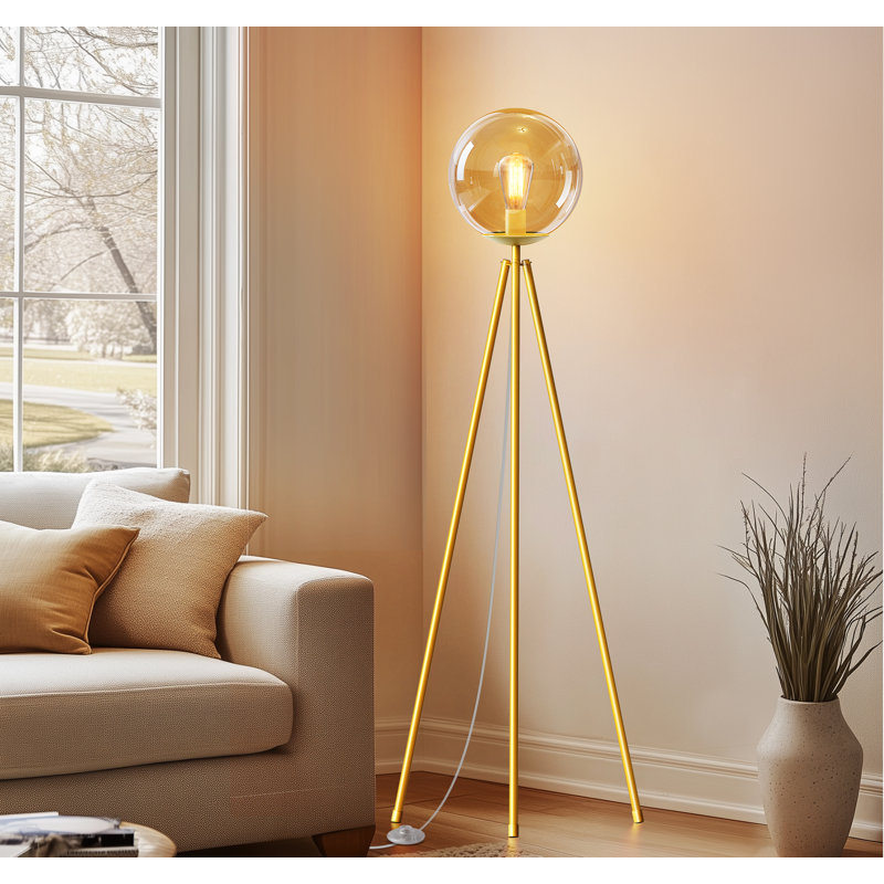 65'' Modern Tripod Floor lamp with Glass Shade，Gold Standing Lamp with LED Bulb for Living Room