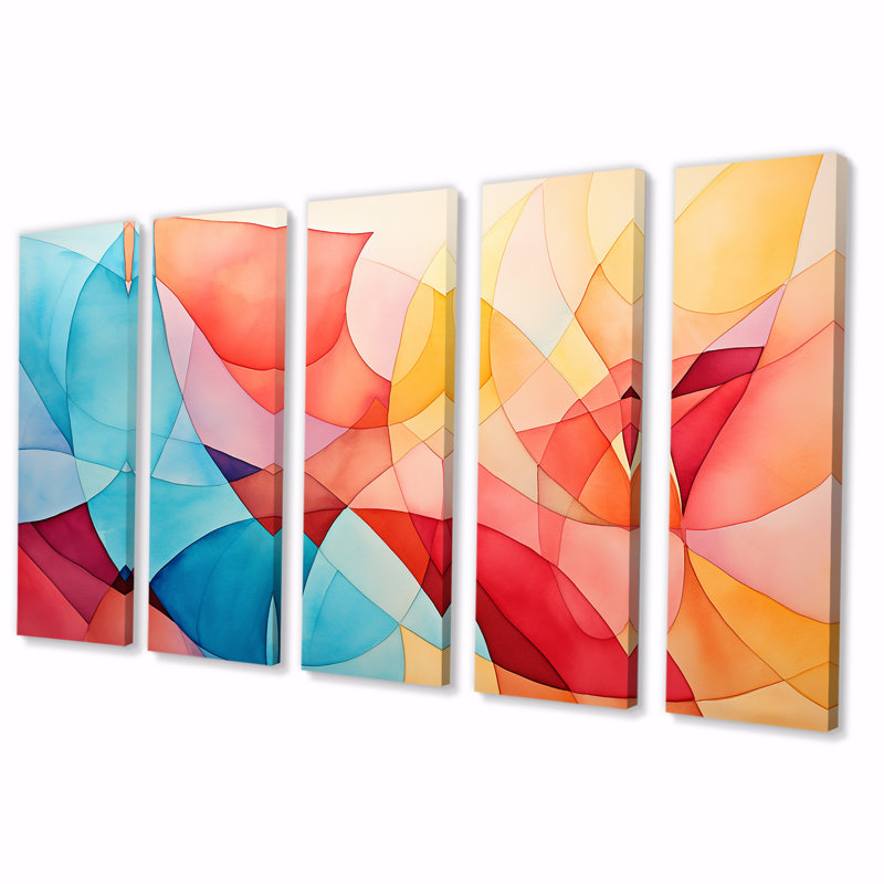 Mid-Century Pastel Color Collages II - Ensemble abstrait d'art géométrique mural 5 pièces, H 28 po x l 60 po