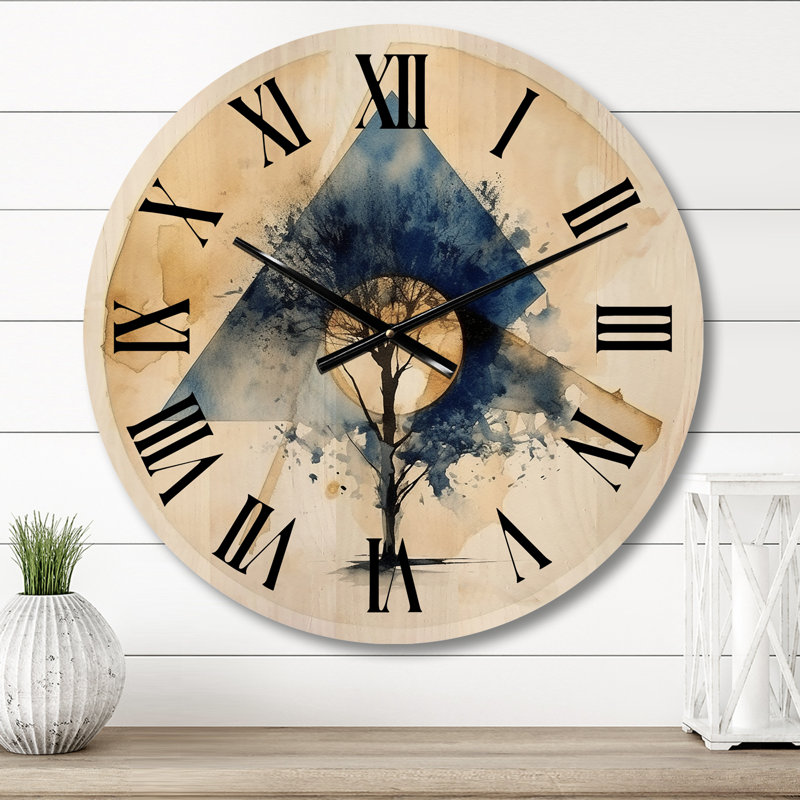 Horloge murale géométrique abstraite paysage de montagne lune et arbre IV, Petit