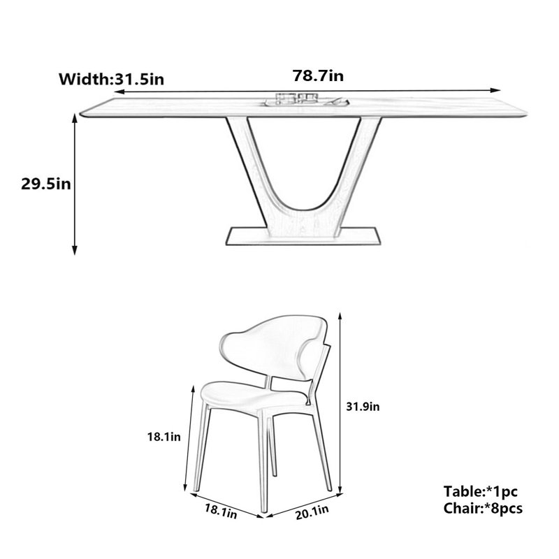 Table de salle à manger en pierre matte avec structure en bois de frêne, H 29,5 po x L 78,7 po x l 31,5 po