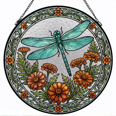 Dragonfly Floral Stained Glass Window Panel，12"H