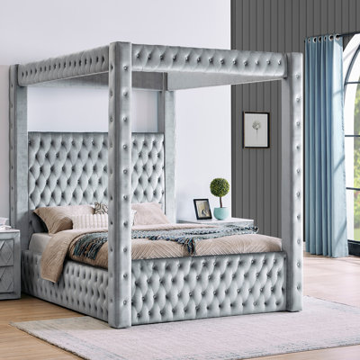 1pc Beautiful Canopy Bed Luxury Rich Velvet Fully Upholstery Fabric Button Tufted