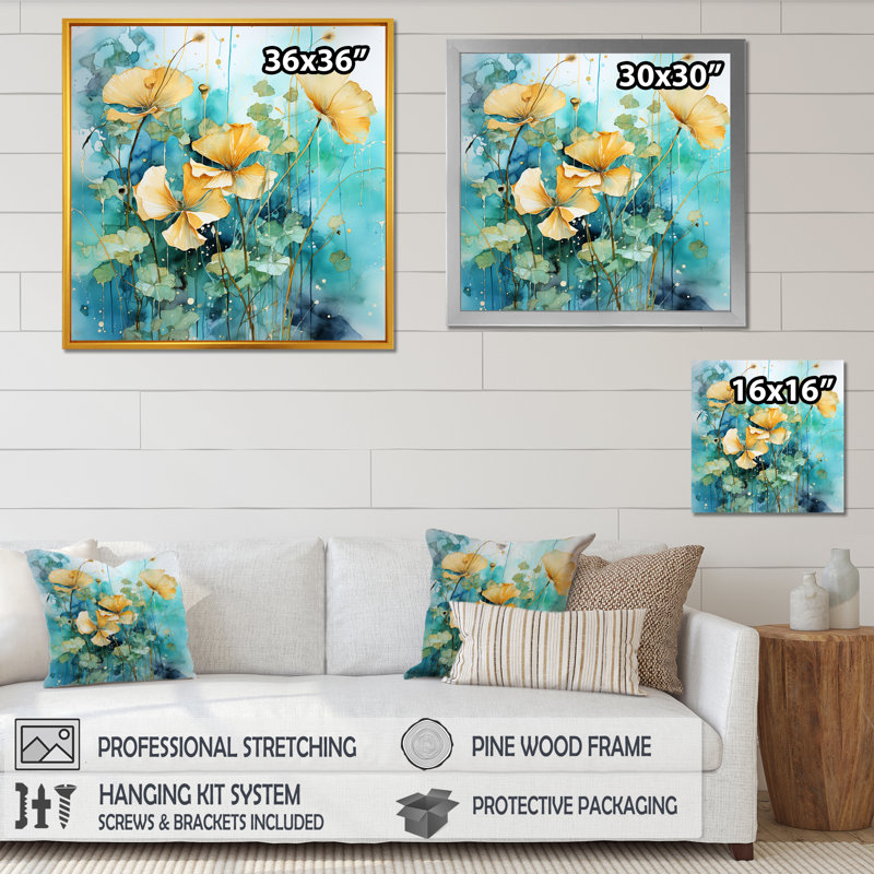 «Yellow Morning Glory Spring Awakening» - art mural Morning Glory, H 16 po x l 16 po x P 1 po, Cadre flottant doré