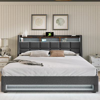 Lit avec rangement hydraulique, DEL, - Plateforme contemporaine à lumières DEL et look rétro