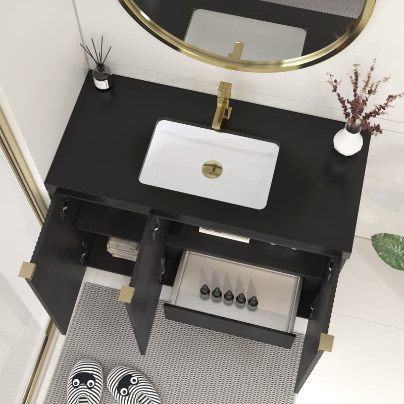 Meuble-lavabo autoportant 41,7 po Monterey + lavabo en acrylique noir renforcé (portes à droite), Noir