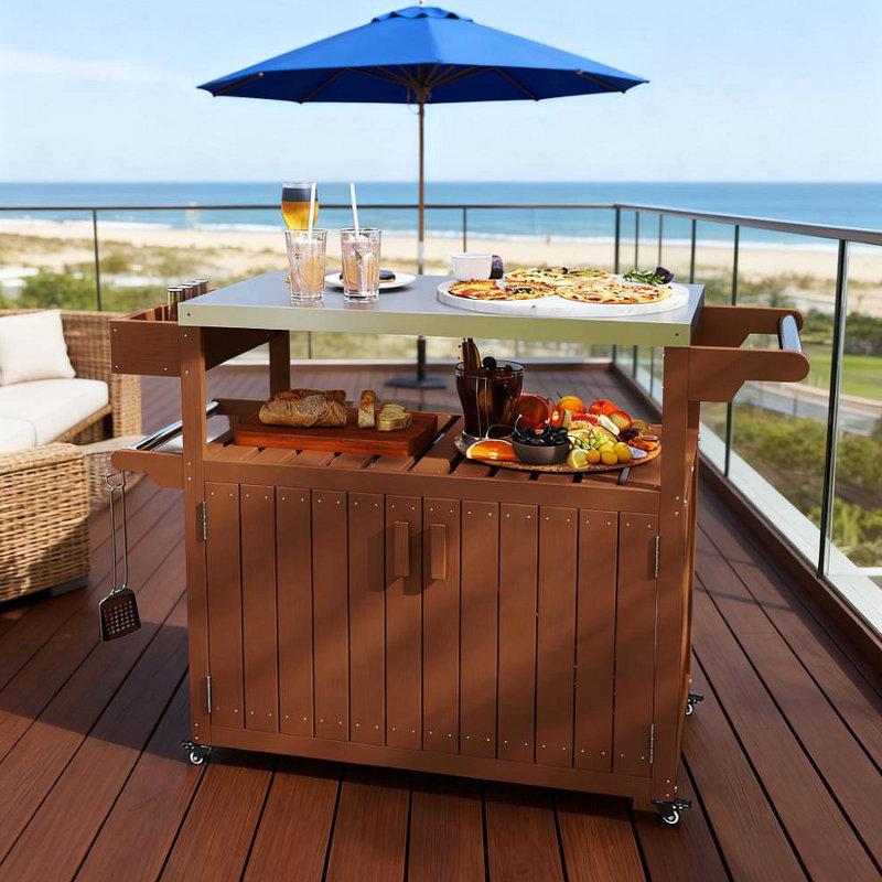 Easy To Move Outdoor Table Top,Outdoor Bar Cart With Storage,Wheeled Kitchen Island For Food Prep, Brown;Silver