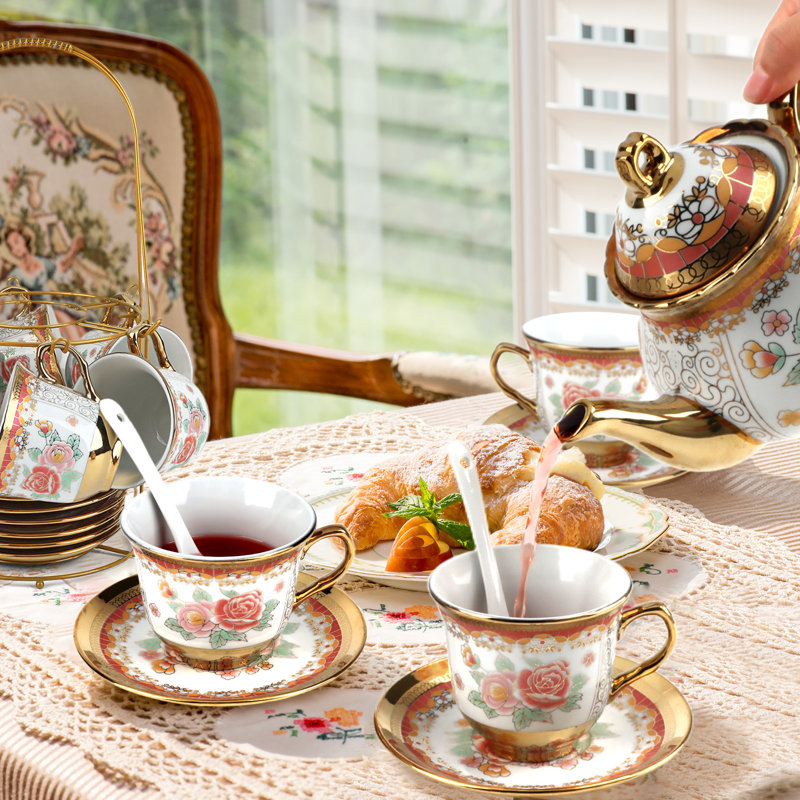 Service à thé en céramique émaillée British Vintage Rose, théière 23,6 oz, tasses 6,8 oz