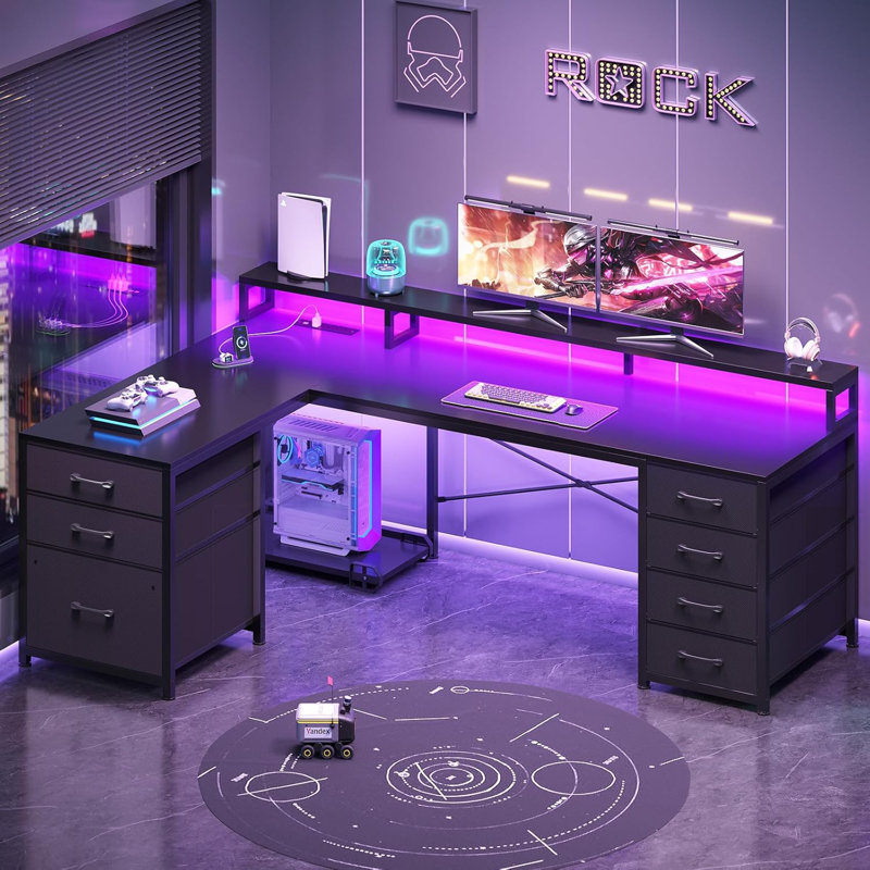 L Shaped Computer Desk, 64.5'' Reversible Gaming Desk With Led Light, Black