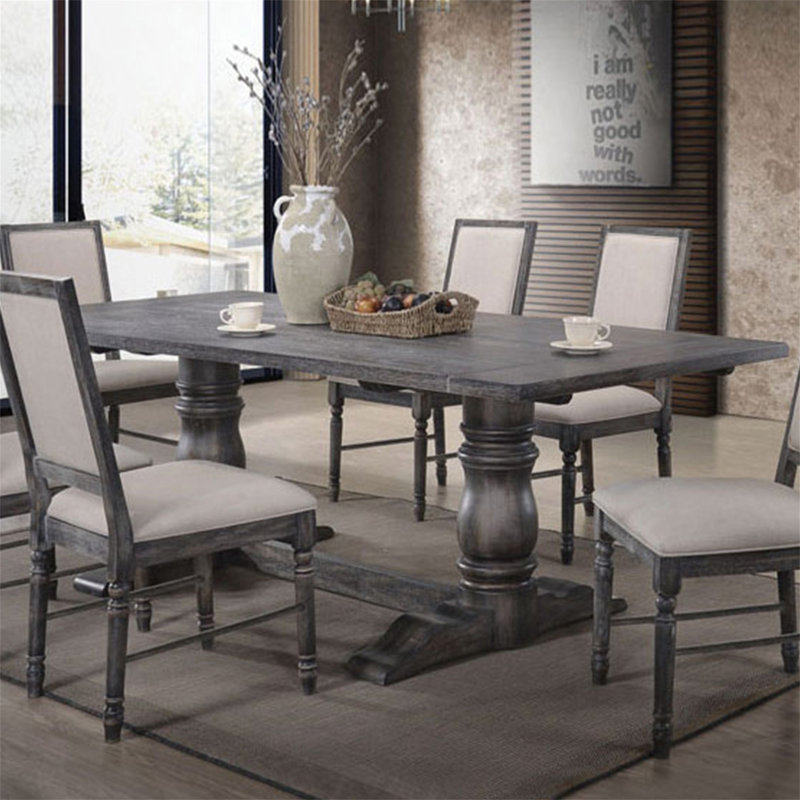 Table rectangulaire à tréteaux avec piédestal double tourné, gris vieilli