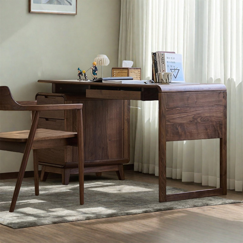 Modern Walnut Rectangular Nutbrown Solid Wood Desk, 29.52" H x 62.99" W x 25.59" D