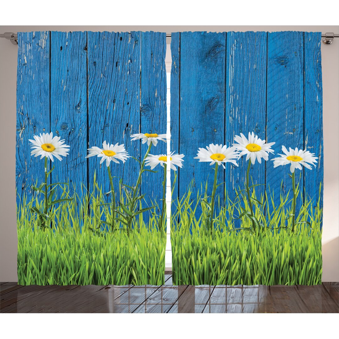 Rustikaler Vorhang, Frühlings-Gras und Gänseblümchen, Blume, Grün Weiß Blau