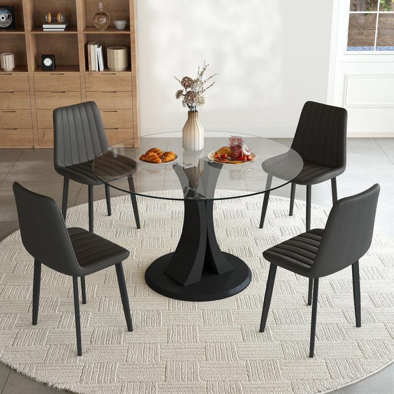 Modern Round Glass Pedestal Dining Set for Kitchen, Dining Room, Apartment