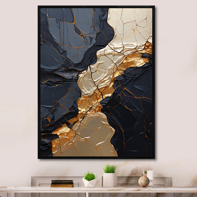 Minimalisme chrome doré et poteries noires II - spirales abstraites, impressions sur toile, Cadre flottant noir