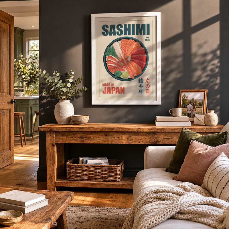 Sashimi Poster, Made in Japan Retro - Framed Print, A2 - 59.4 x 42.0 cm, White