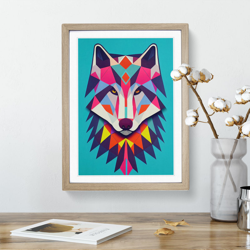 Colourful Abstract Wolf - Wall Art, 48cm H x 36cm W, Oak Framed, White