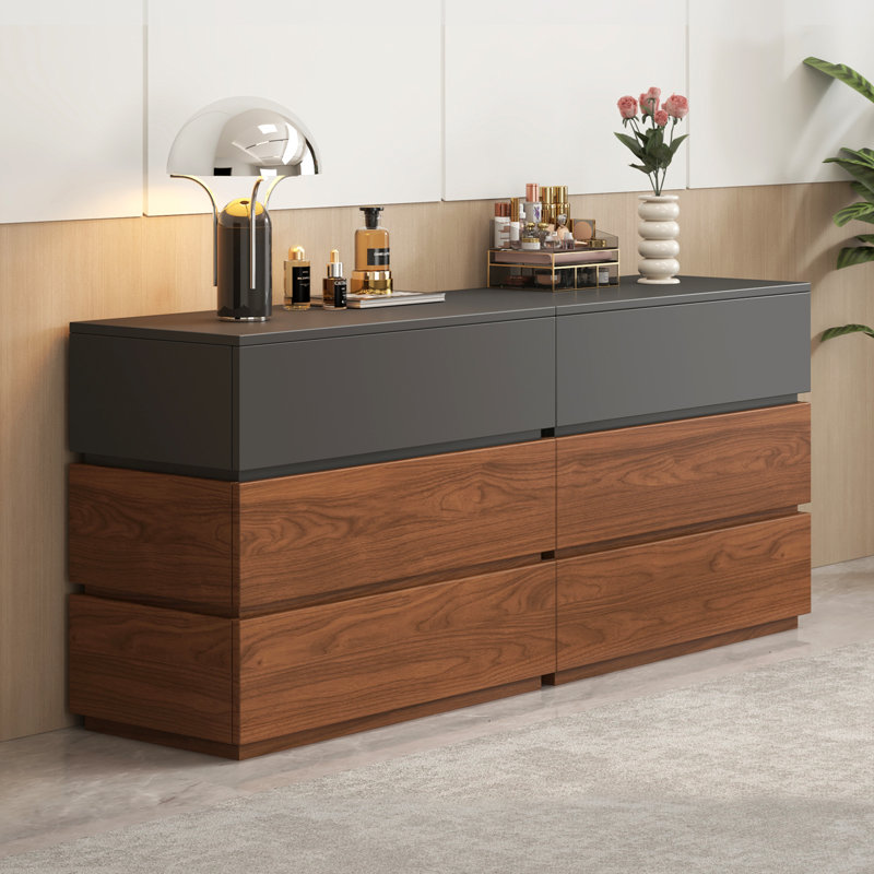 Commode de 63 pouces pour la chambre à coucher, commode à 6 tiroirs en bois d'ingénierie, empilable modulaire, commode de style Mid-Century pour garde-robe à texture naturelle et fentes pré-intégrées pour meuble télé, salon, chambre de bébé