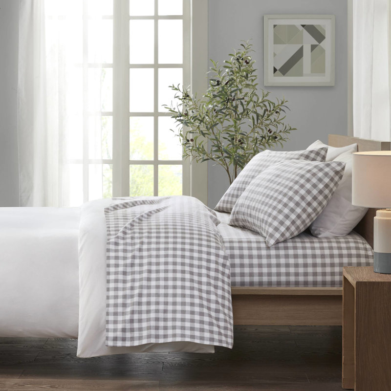 Ensemble de 4 draps à carreaux gris à chevrons, 100% flanelle de coton et confortable, livré avec un drap plat, 2 taies d'oreiller ajustées, motif à carreaux,