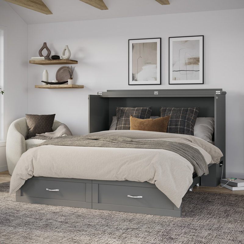 Arrisson Murphy Bed Chest with 6" Mattress, Storage & Built-in Charger, Gray