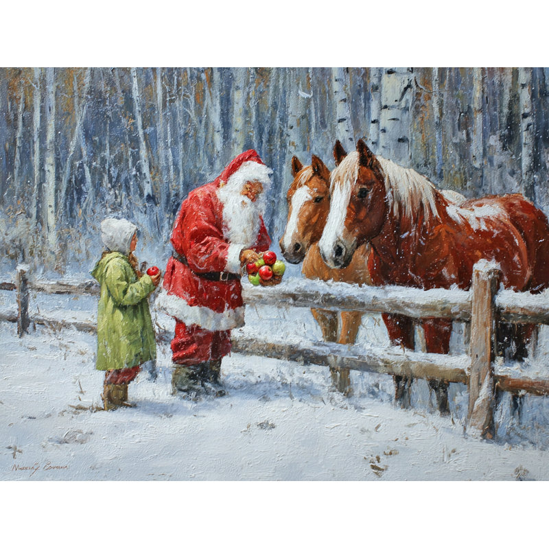 «Partage des pommes avec les chevaux», art mural sur toile, H 24 po x l 32 po