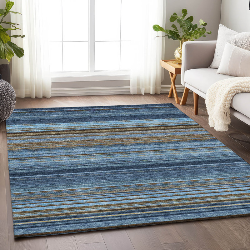Tapis bleu marine de qualité supérieure lavable à la machine Prisco, Rectangulaire 8 pi x 10 pi