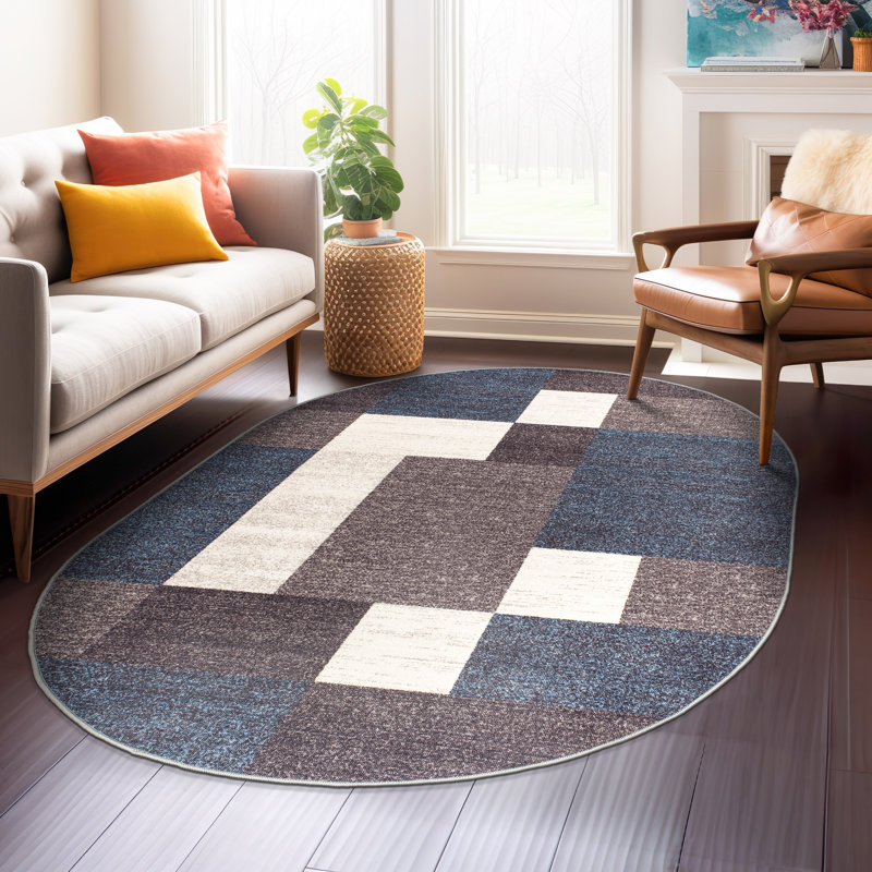 Tapis bleu touffeté à motif géométrique Allyne, Ovale 5 pi x7 pi