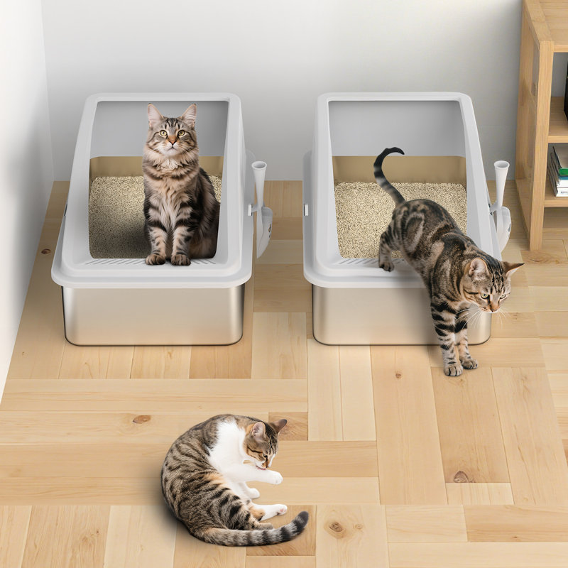 Très grand bac à litière en acier inoxydable pour chat avec couvercle haut et antiadhésif, facile à nettoyer, blanc argenté (livré avec 2 bacs à litière)