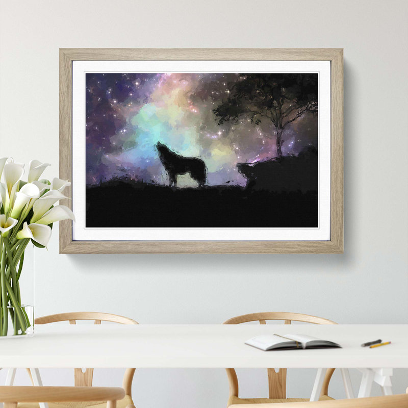 Howling Wolf with a Galaxy Forest in Abstract - Picture Frame Painting Print, 27cm H x 36cm W x 2cm D, Oak Framed