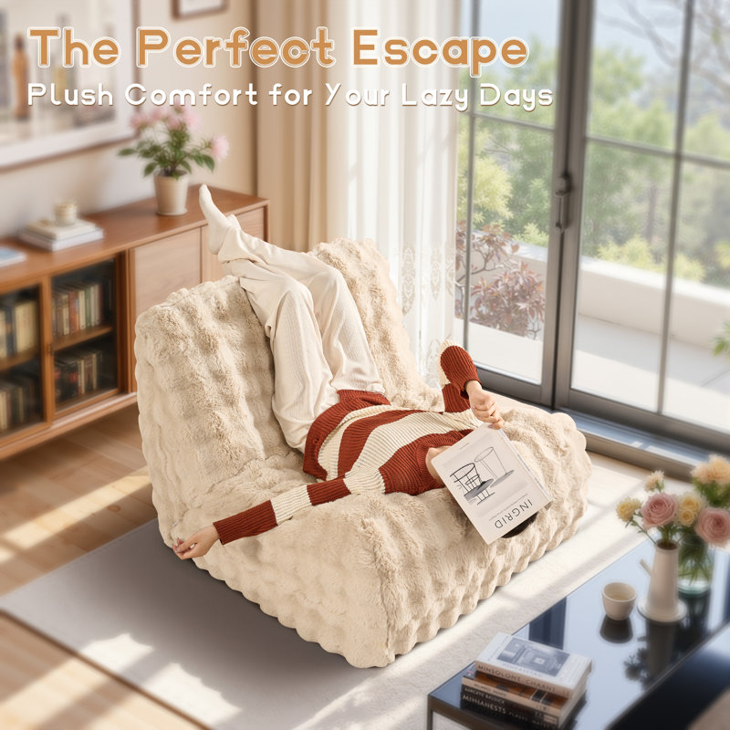 Cozza Bean Bag Chair For Adult, Memory Foam Couch Compression Chair Home Sofa For Living Room, Bedroom, Beige Faux Fur