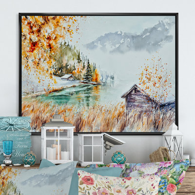 «Lake House in Autumn Landscape», reproduction sur toile flottante