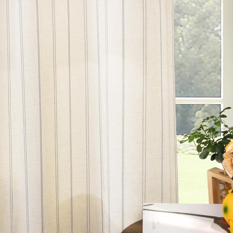 Farmhouse Linen Blend Stripe Semi-Sheer Grommets Curtain Pair, Gray, 52" W x 63" L