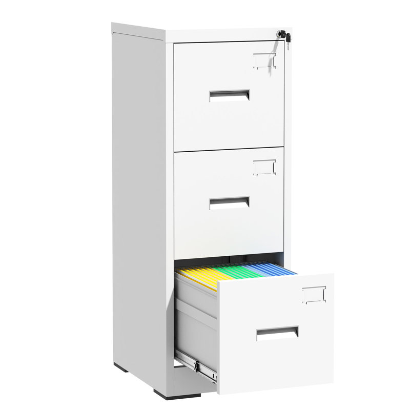 Classeur vertical à 3 tiroirs, blanc, serrure, tringles de suspension réglables, glissières à roulement lisse, documents format A4 / Légal / lettre Format Légal / lettre A4, fente pour carte, cadre d'étiquette, mécanisme d'inclinaison, assemblage facile