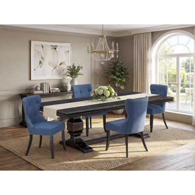 L'ensemble de table de salle à manger 5 pièces se compose d'une table de salle à manger et de 4 chaises rembourrées en tissu de lin bleu avec dossier capitonné - Finition sable