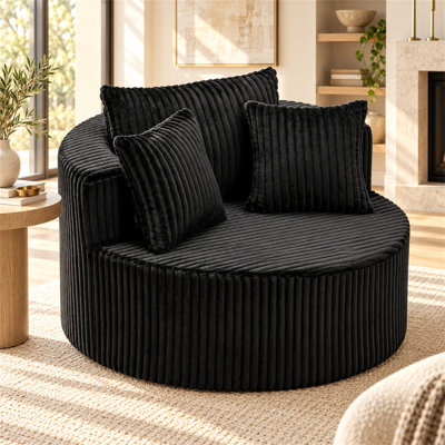 Round Swivel Accent Chair, 45.87" Wide Corduroy Upholstered Barrel Club Chair with 3 Matching Throw Pillows, 360 Degree Swivel Chair for Living Room and Bedroom, Black