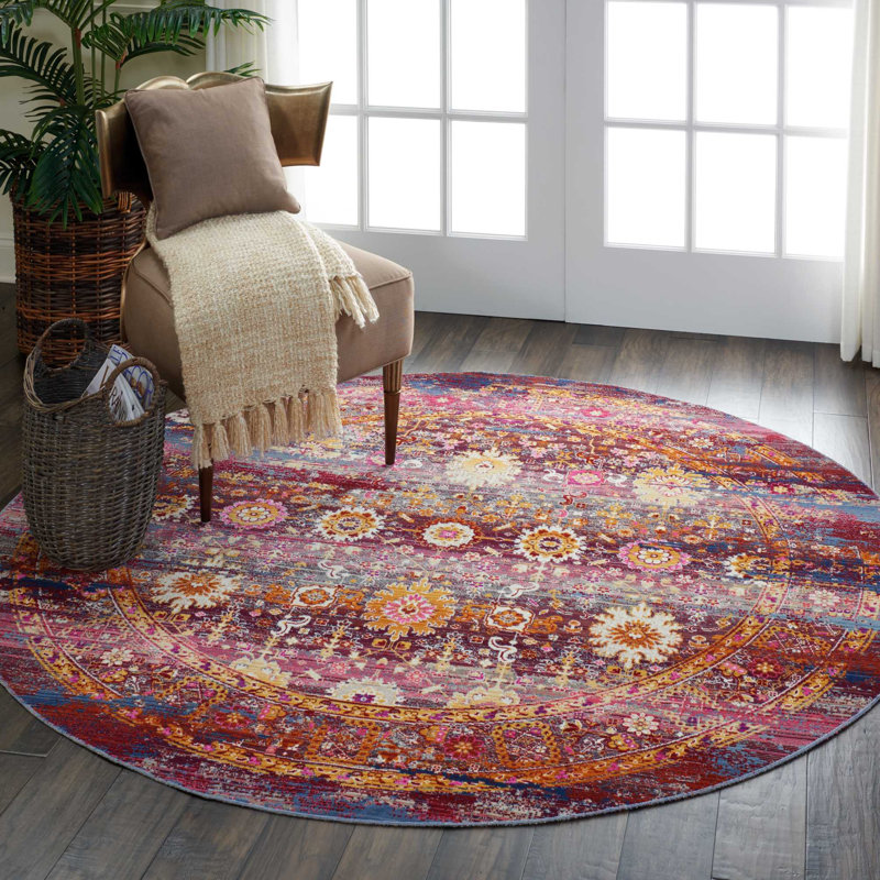 Tapis oriental en polypropylène tissé à la machine en rouge, Rond 6 pi