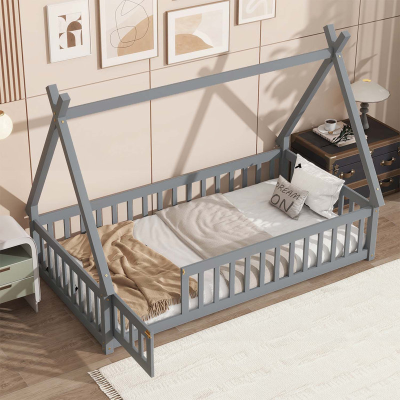 Lit tipi en forme de tente avec garde-corps, lattes et porte pour un sommeil sécuritaire et imaginatif, Lit simple, Gris