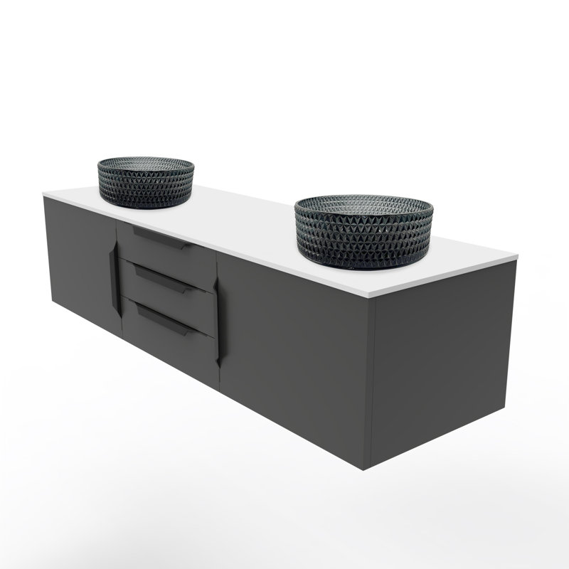 Wildsee 60" Floating Single Bathroom White Vanity Set With Silver Tempered Glass Vessel Sink, Black, Black