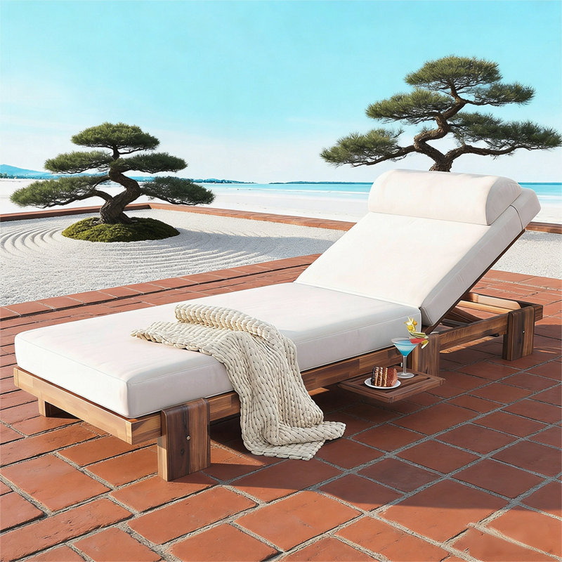 78.8'' Acacia Wood Outdoor Chaise Lounge, Adjustable Recliner with Headrest and Retractable Side Tray for Patio, Poolside, Garden, and Beach