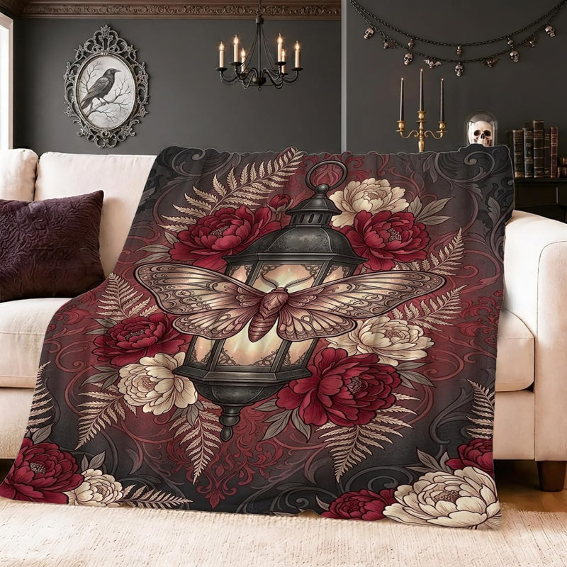 Jeté Halloween gothique papillon et pivoine 60 x 80 po
