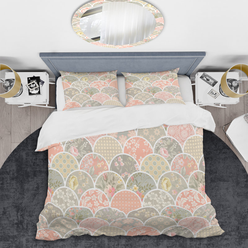 Ensemble de housse de couette rose et crème, Housse de couette pour grand lit et 2 taies décor